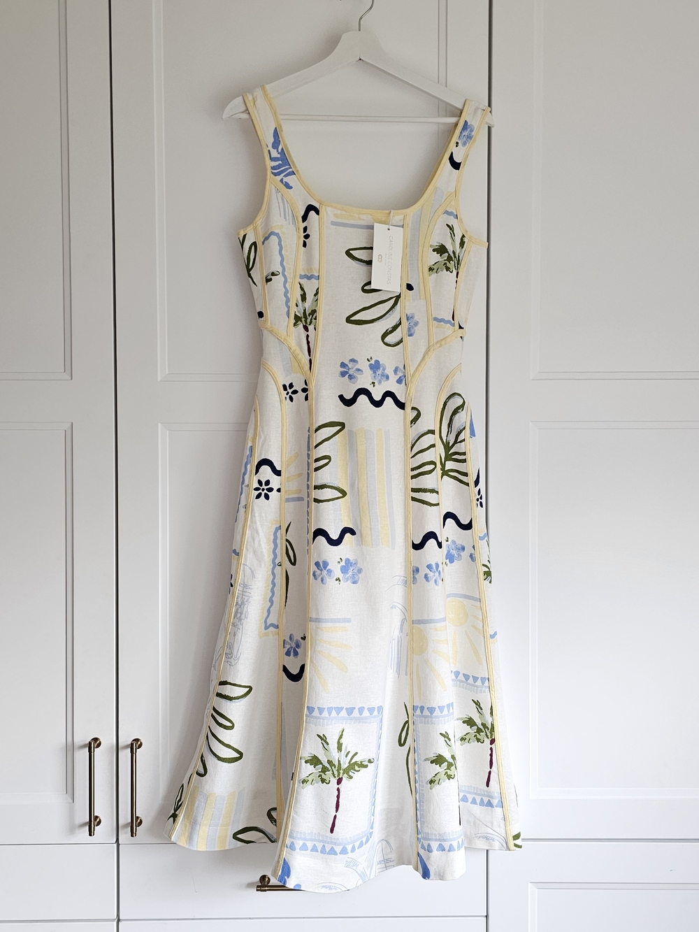 Caroline Constas White Linen Midi Dress with Yellow Trim Blue & Green Print NWT